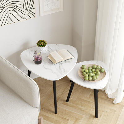 BAMEOS Bamboo Nesting Triangle End Table,Set of 2 Coffee Table Modern Minimalist Side Table for Living Room (Marble White)