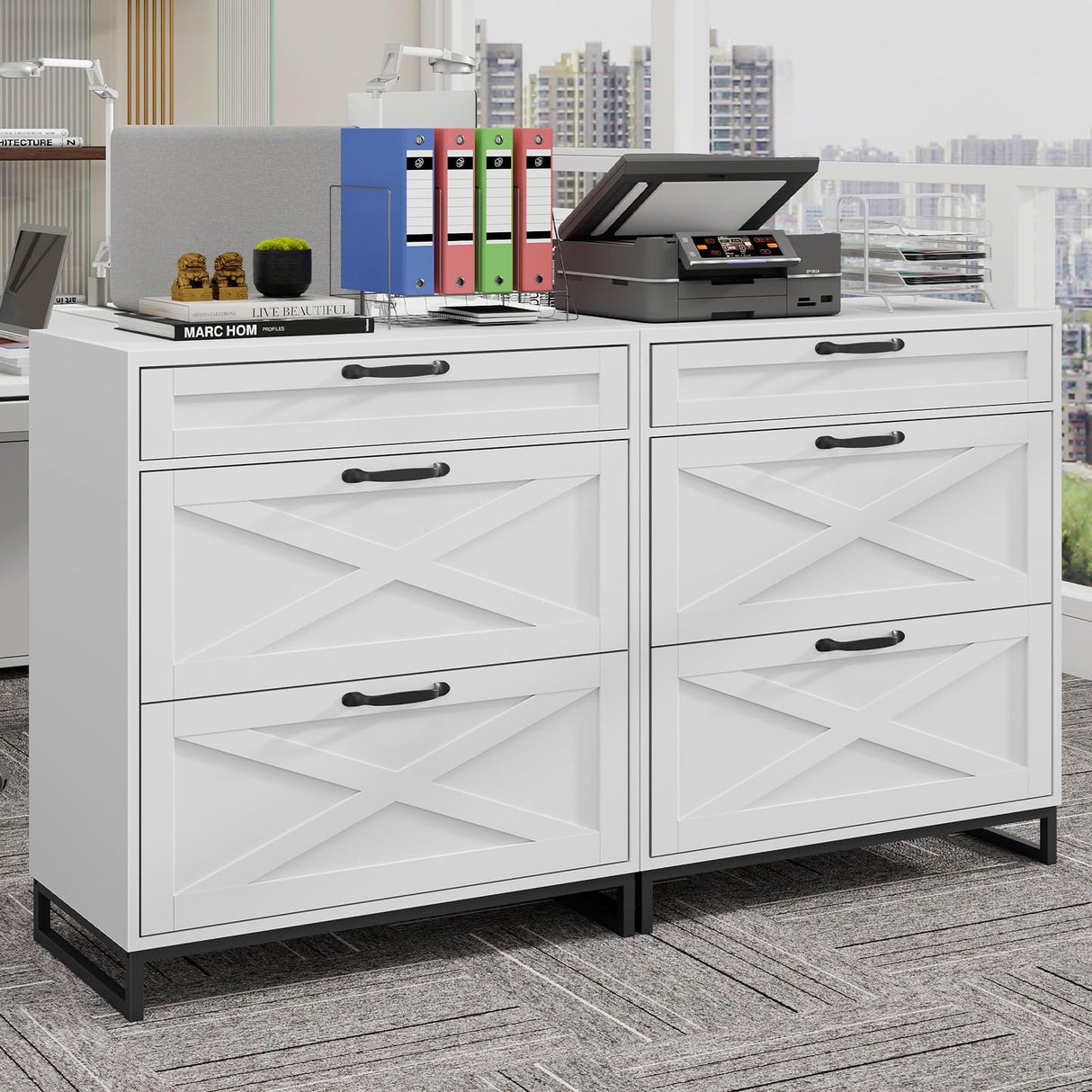 Lateral File Cabinet with 3 Drawers, Modern Farmhouse File Cabinet for Legal/Letter/A4 Size Hanging Files, Printer Stand Large Wood Home Office, White Vabches