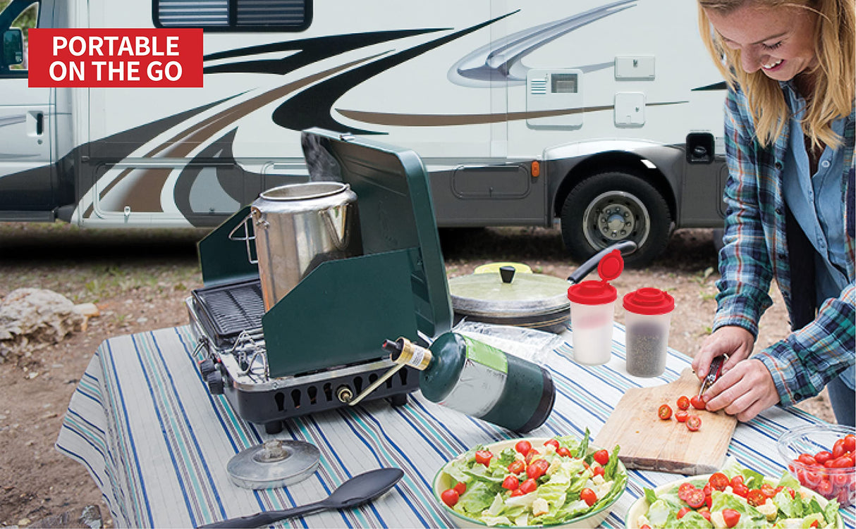 SIGNORAWARE Salt and Pepper Shakers Moisture Proof Set of 2 Large Salt Shaker to go Camping Picnic Outdoors Kitchen Lunch Boxes Travel Spice Set Clear with Red Covers Lids Plastic Airtight Dispenser SIGNORA WARE