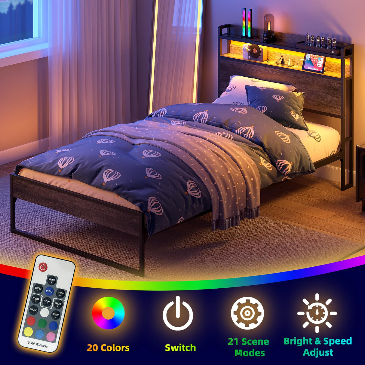 Elephance Twin Bed Frames with Charging Station and LED Lights, Metal Bed Frame with 2-Tier Storage Headboard, No Box Spring Needed, Noise Free, Easy Assembly Elephance