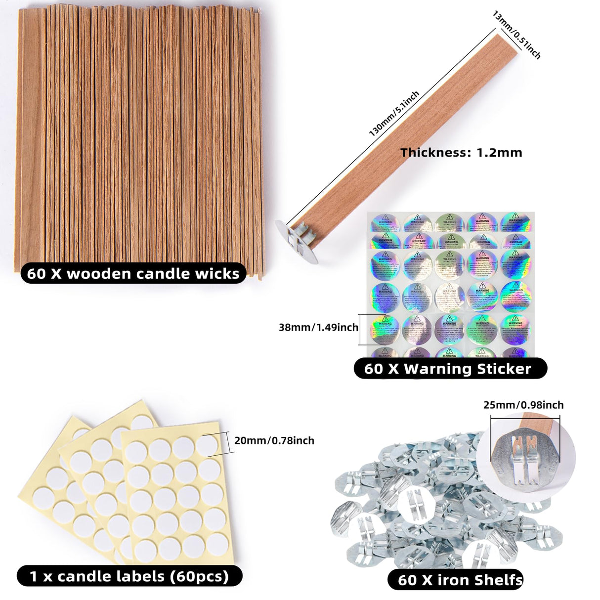 Ziosxin 60set Cherry Wood Candle Wick,Thicken Wood Wicks for Candles-Long Lasting Flame-Easily Burn,Candle Cores with 60pcs Stand and 60pcs Glue Dot,60pcs Warning Label for Candle Making Ziosxin