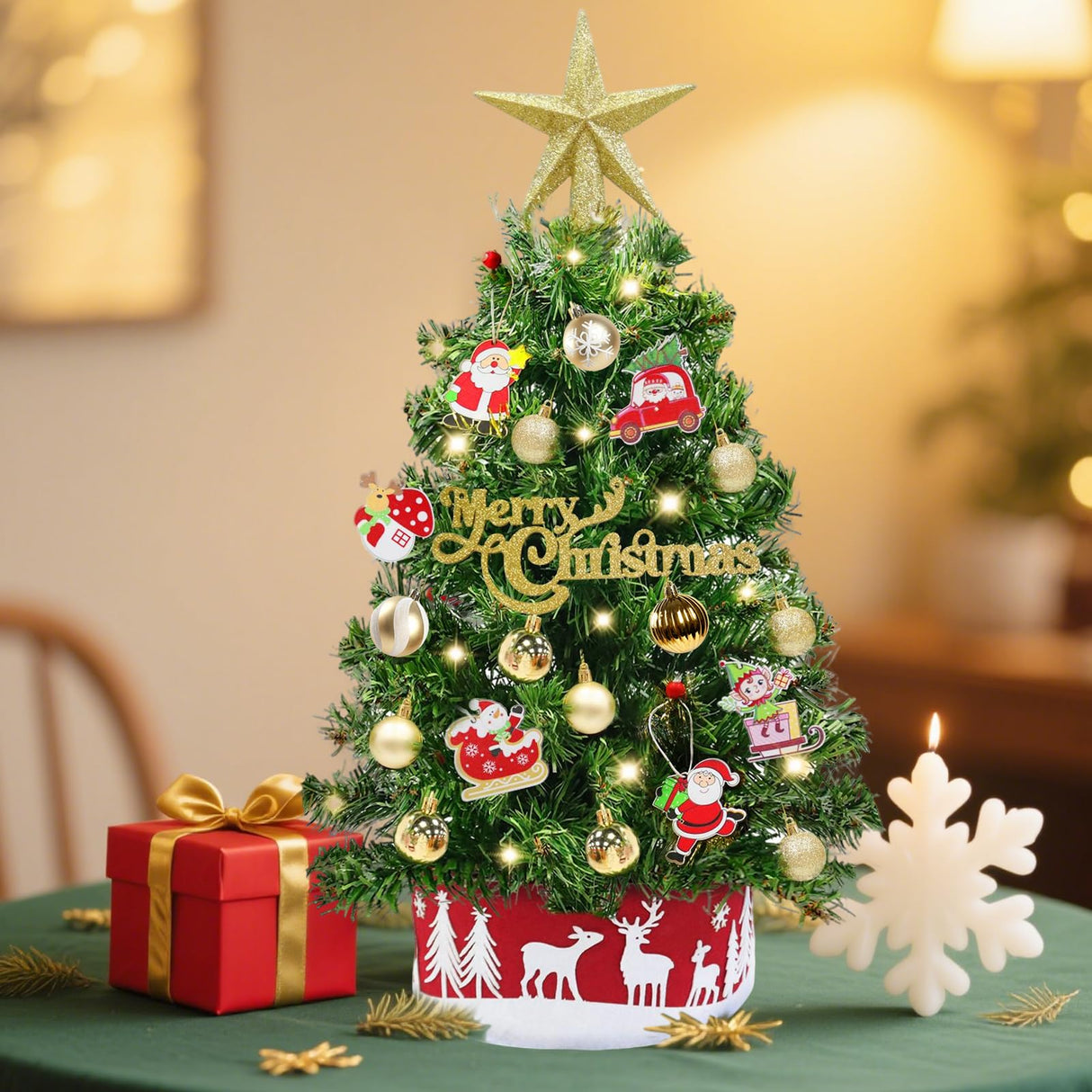 Grandeal 24" /2FT Mini Christmas Tree with Lights Timer 30 LEDs & 34 Ornaments, Small Tabletop Christmas Trees Artificial Christmas Decorations for Indoor Desk Room Office Home Decor Xmas Grandeal