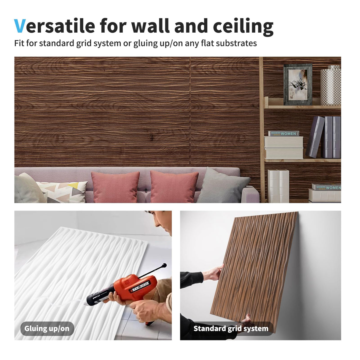 Art3d Walnut Large PVC 3D Wall Panels for Interior Wall Décor, Drop Ceiling Tile 2x4, 3D Textured Wavy Wall Panels Decorative, Pack of 6 Tiles(47.2"×23.6") Art3d