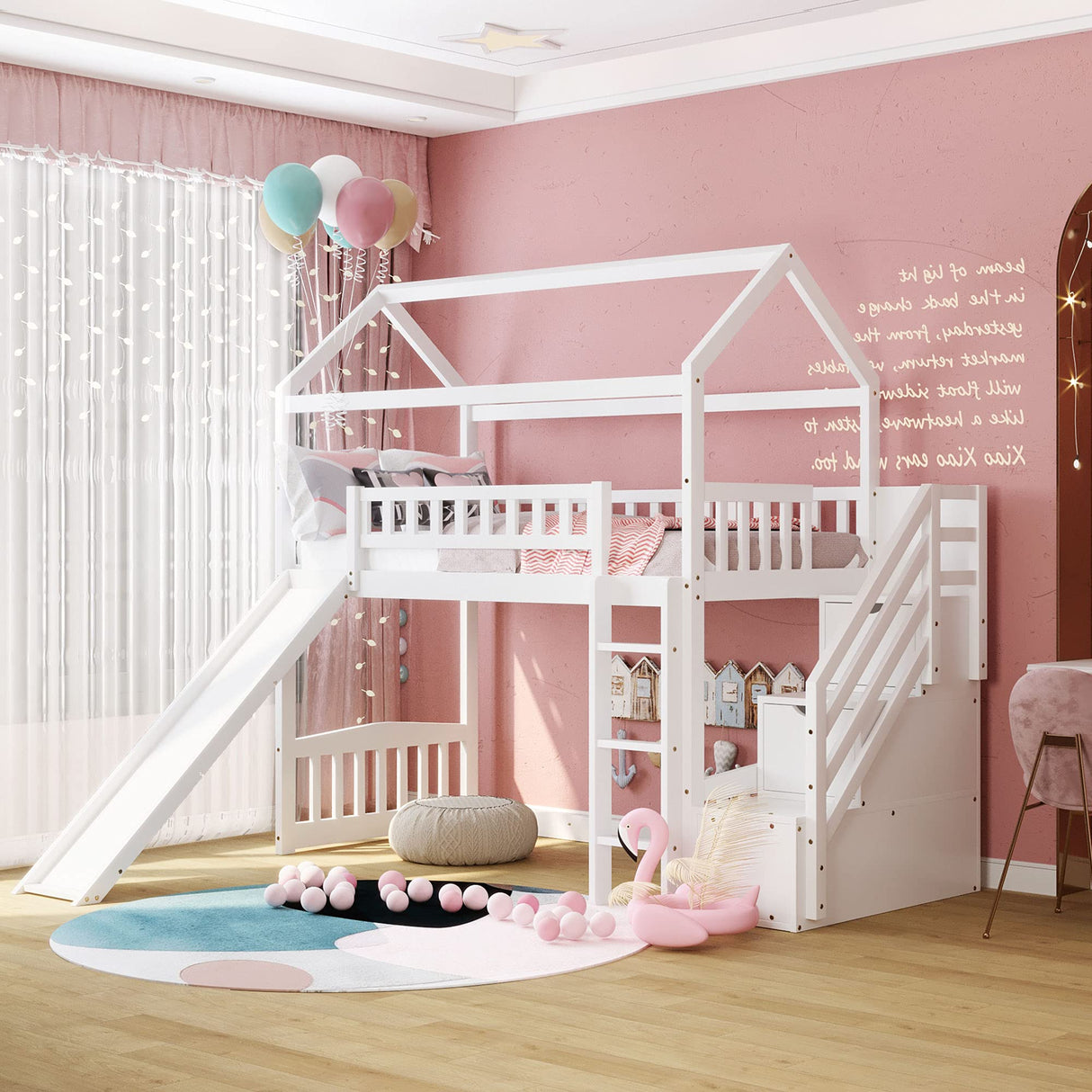House Bed Loft with Slide and Storage Stairs by Harper & Bright Designs - Twin Frame in White for Kids Harper & Bright Designs