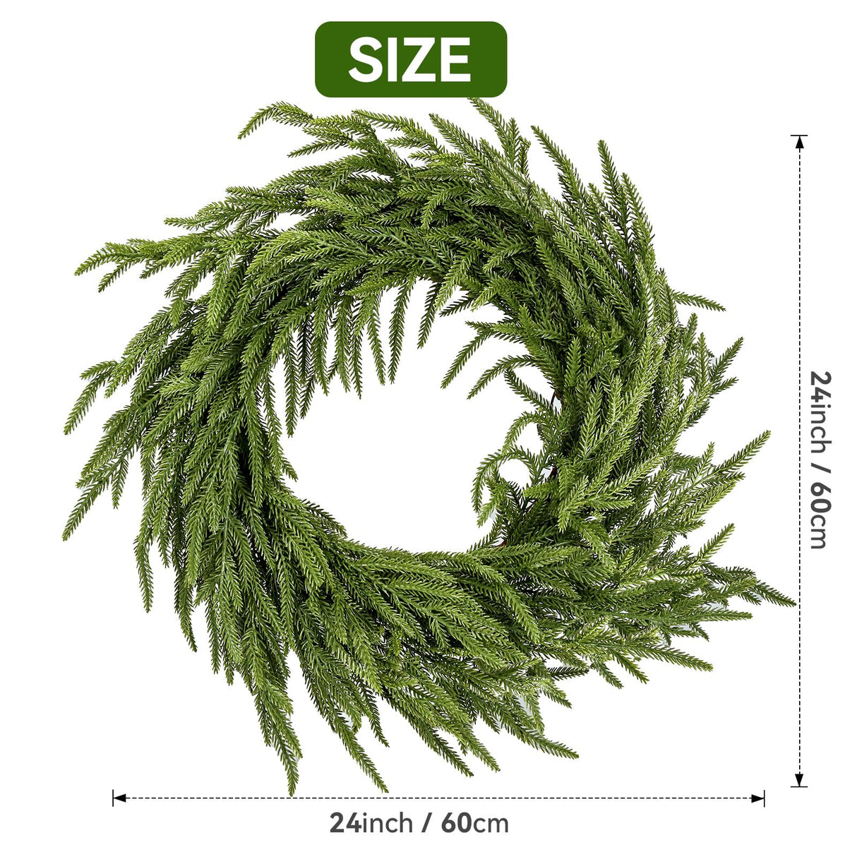 ENVEN 2 Pack 24" Norfolk Pine Wreath for Front Door, Artificial Christmas Wreath Faux Pine Green Wreath for Wall Windows Mantle Outdoor Outside Christmas Decoration ENVEN