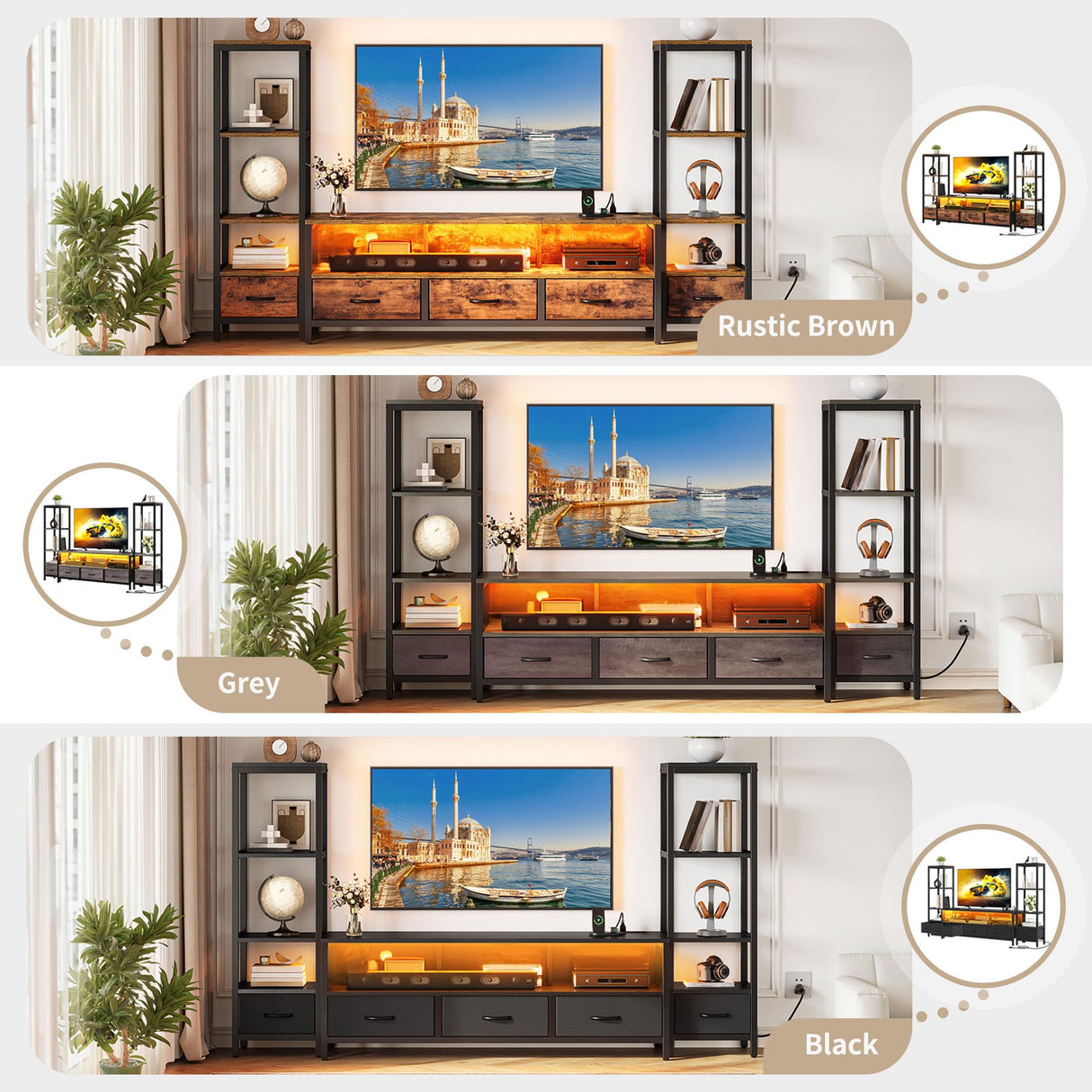 YITAHOME TV Stands for 65 inch TV Entertainment Center with 2 Industrial 4-Tier Bookshelves, LED TV Stands for Living Room, Modern Farmhouse TV Console Cabinet with Power Outlets, Rustic Brown YITAHOME