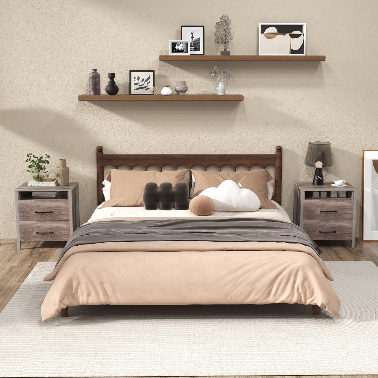 Giantex Farmhouse Nightstand Set of 2, Rustic Wood Bedside Table with 2 Storage Drawers & Open Shelf, Sofa Side Table, Versatile Night Stand for Bedroom, Grey Giantex