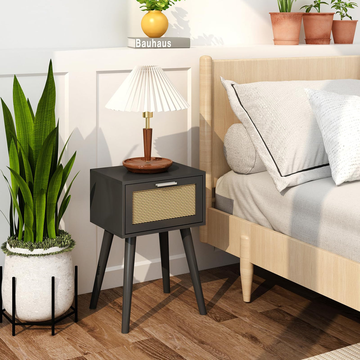 LAATOOREE Nightstand Set of 2, Small End Table with Rattan Door, Bedside Table with Solid Wood Feet, Boho Side Table for Bedroom Living Room Small Space - Black LAATOOREE