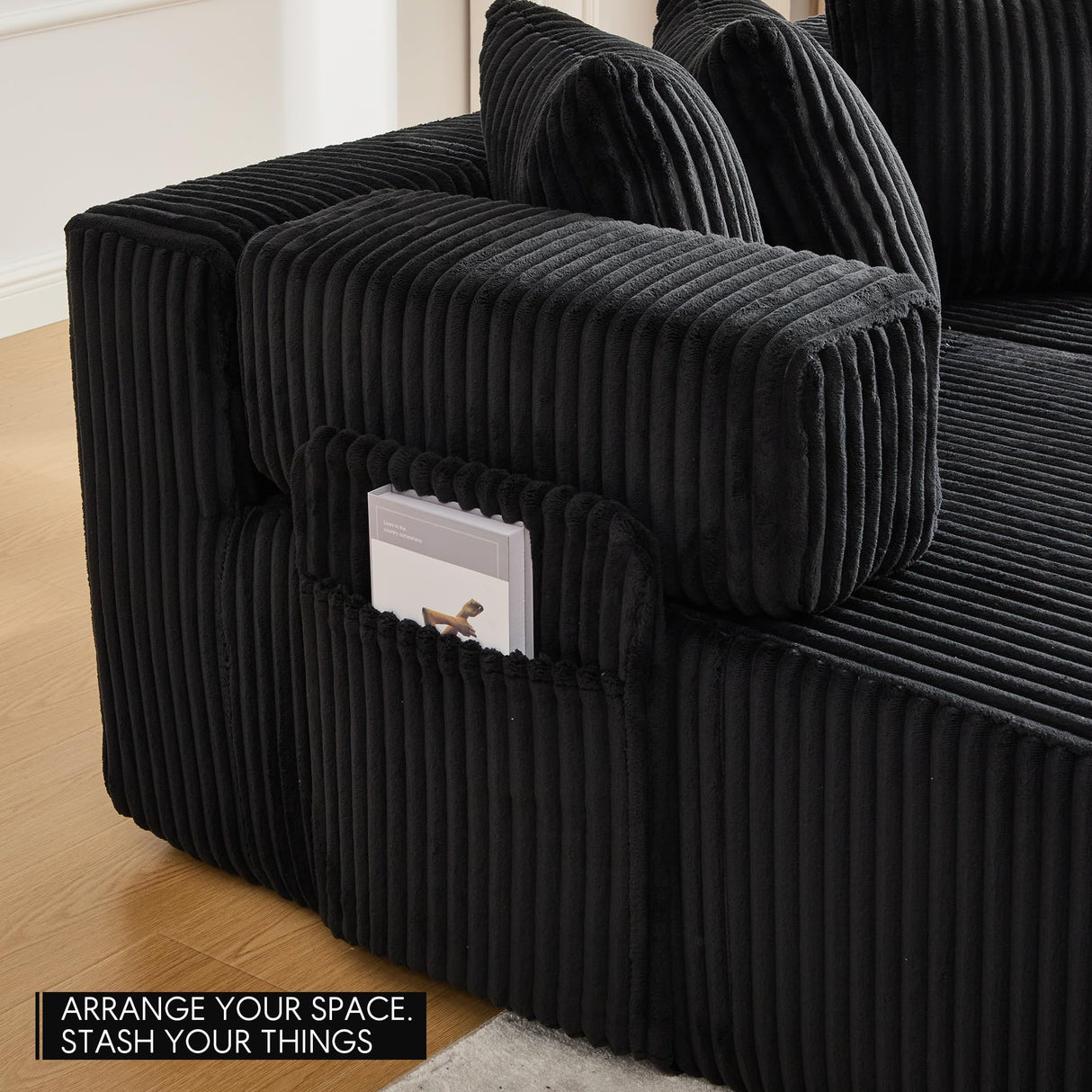 Oversized Cloud Boneless Couch with Chaise, Modern Modular Sofa with Deep Seat, Various Combinations Upholstered Couches with Storage, No Assembly Required-Black ZEIINPA