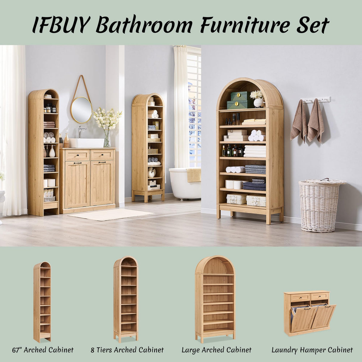 IFBUY Double Tilt Out Laundry Hamper Cabinet, 20 Gallon Farmhouse Trash Can Cabinet with Drawer, Hidden Wood Garbage Can Bin Cabinets with Laundry Storage Basket for Bathroom, Kitchen (Natural) IFBUY