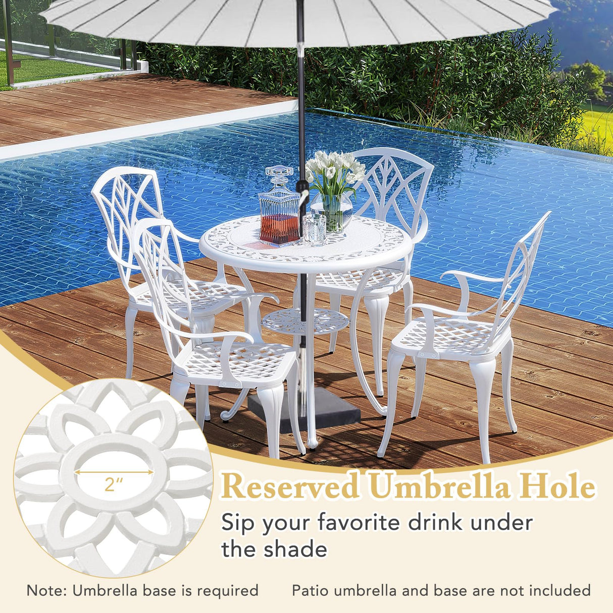 Tangkula 5 Pieces Cast Aluminum Outdoor Dining Set, Round Dining Table with 2” Umbrella Hole & 4 Armchairs, All-Weather Outdoor Furniture Set for Patio, Balcony, Garden & Backyard, White Tangkula