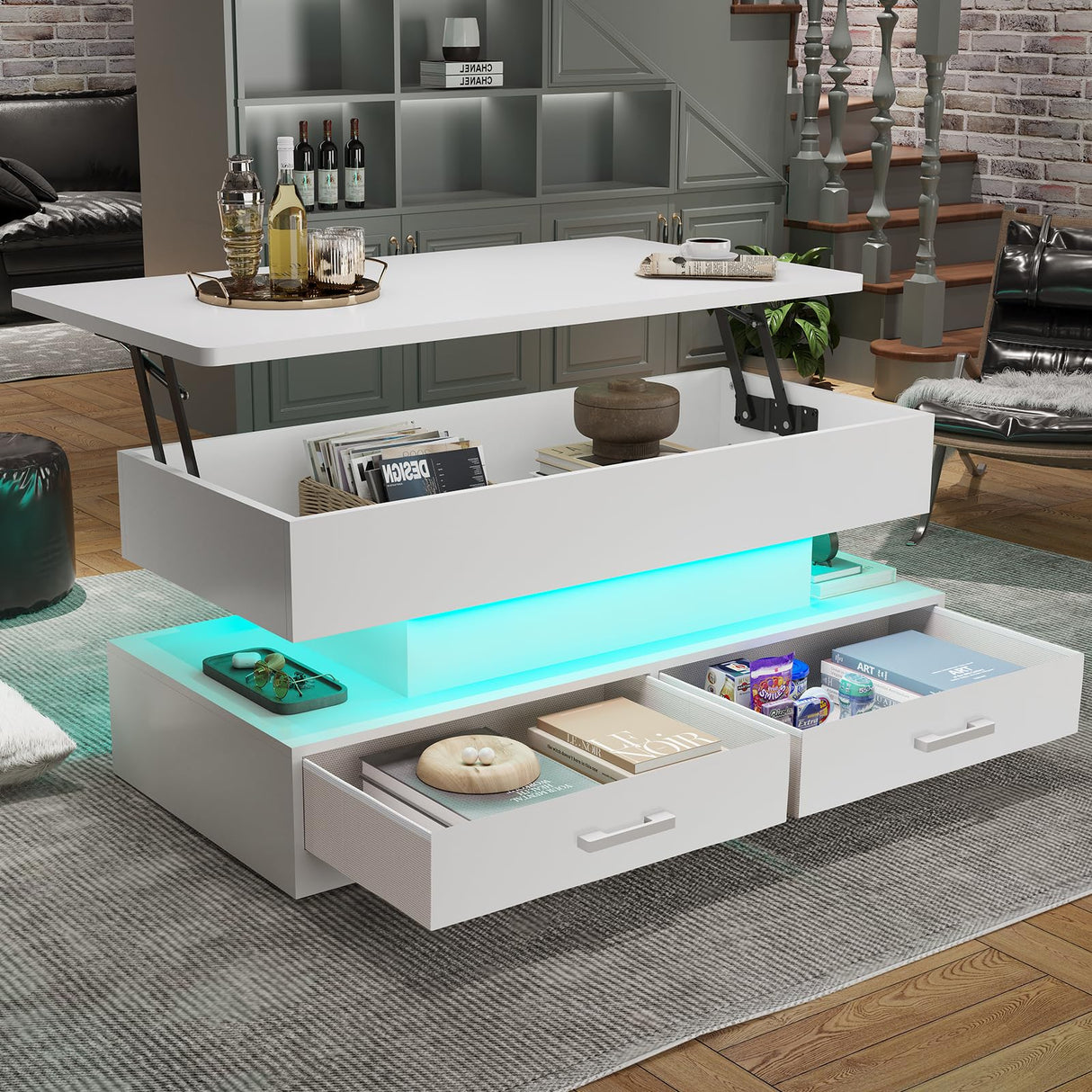 SEDETA 40" Lift Top Coffee Table, Coffee Tables with Storage for Living Room, Small Coffee Table with 2 Drawers & LED Light for Dining Reception Room, White SEDETA