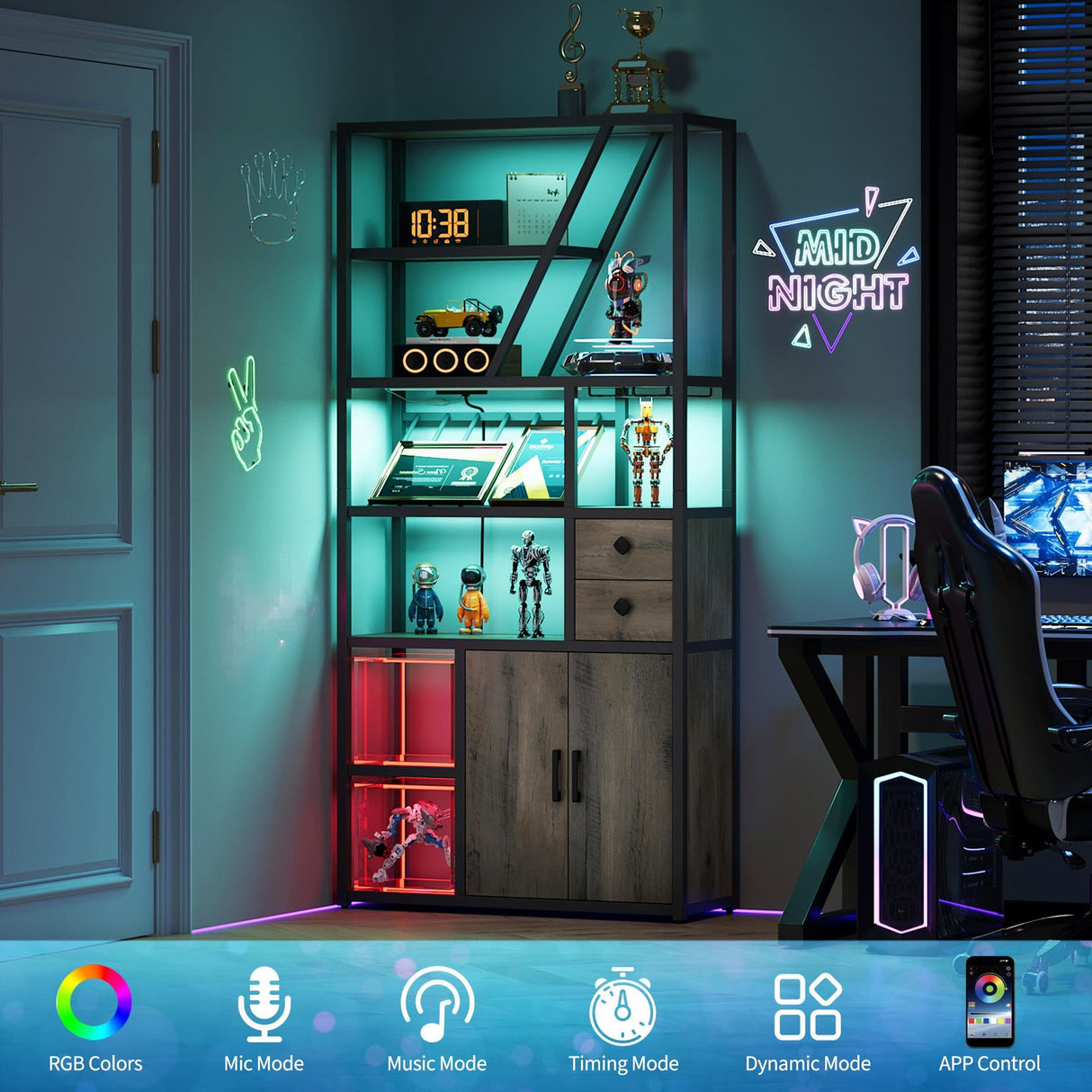 IDEALHOUSE Bar Cabinet with Wine Rack, Liquor Stand with Glass Holder & LED Lights, Coffee Sideboard Cabinet for Living Room, Home Bar IDEALHOUSE