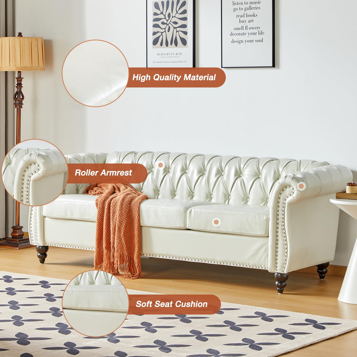 RUSTYER Chesterfield 3 Seater Sofa, Modern Leather Tufted Couch 3 Seater with Rolled Arms and Nailhead Mid-Century Upholstered Couch for Living Room, Bedroom, Apartment and Office, White RUSTYER