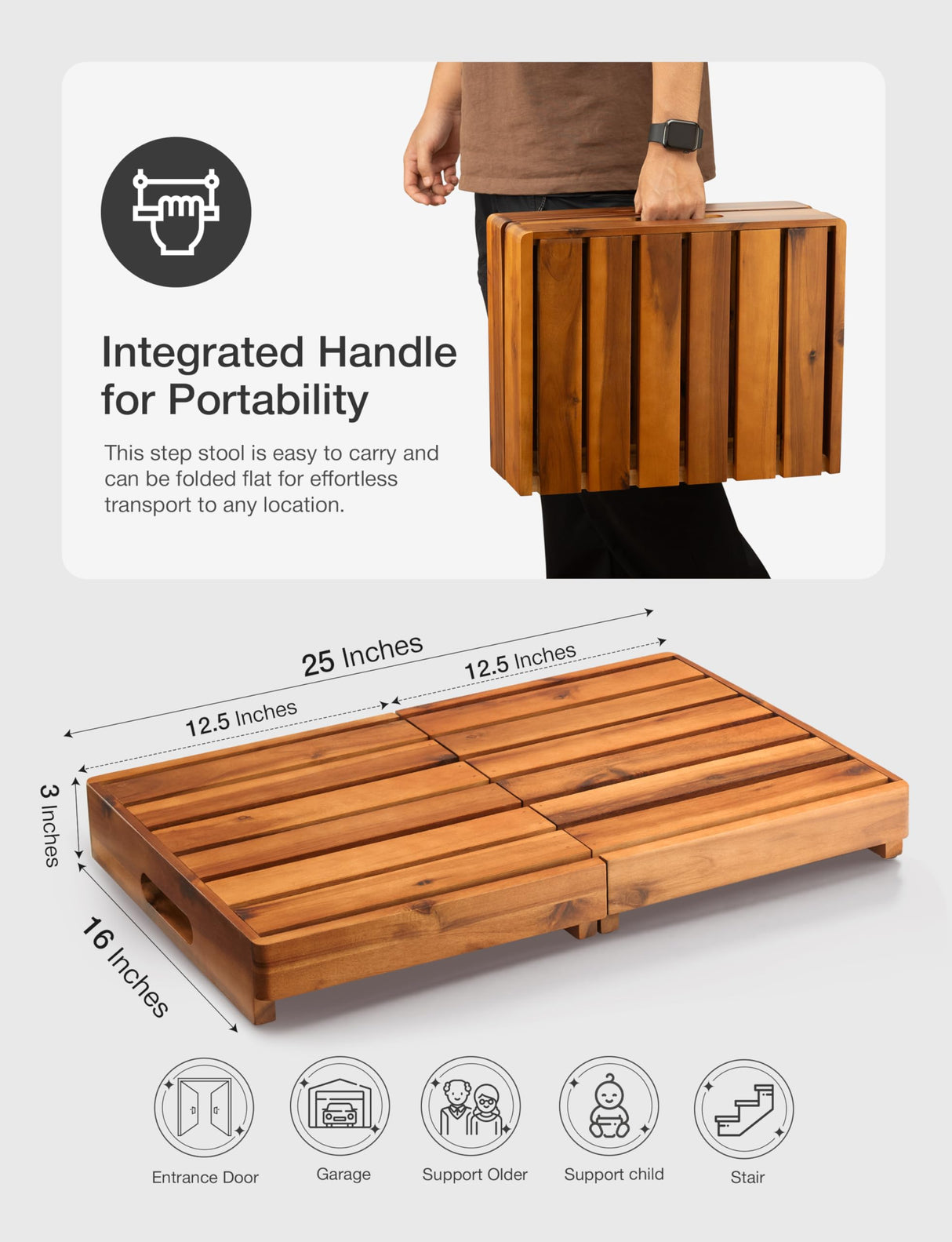 Holana One Foldable Step Stool for Elderly - Acacia Wood High Riser Step Stool for Adults Kid - Wooden Mobility Stepping Stools 400 Lbs Load Capacity for Bathroom Aid Handicap, Bed, Kitchen, Garden HOLANA