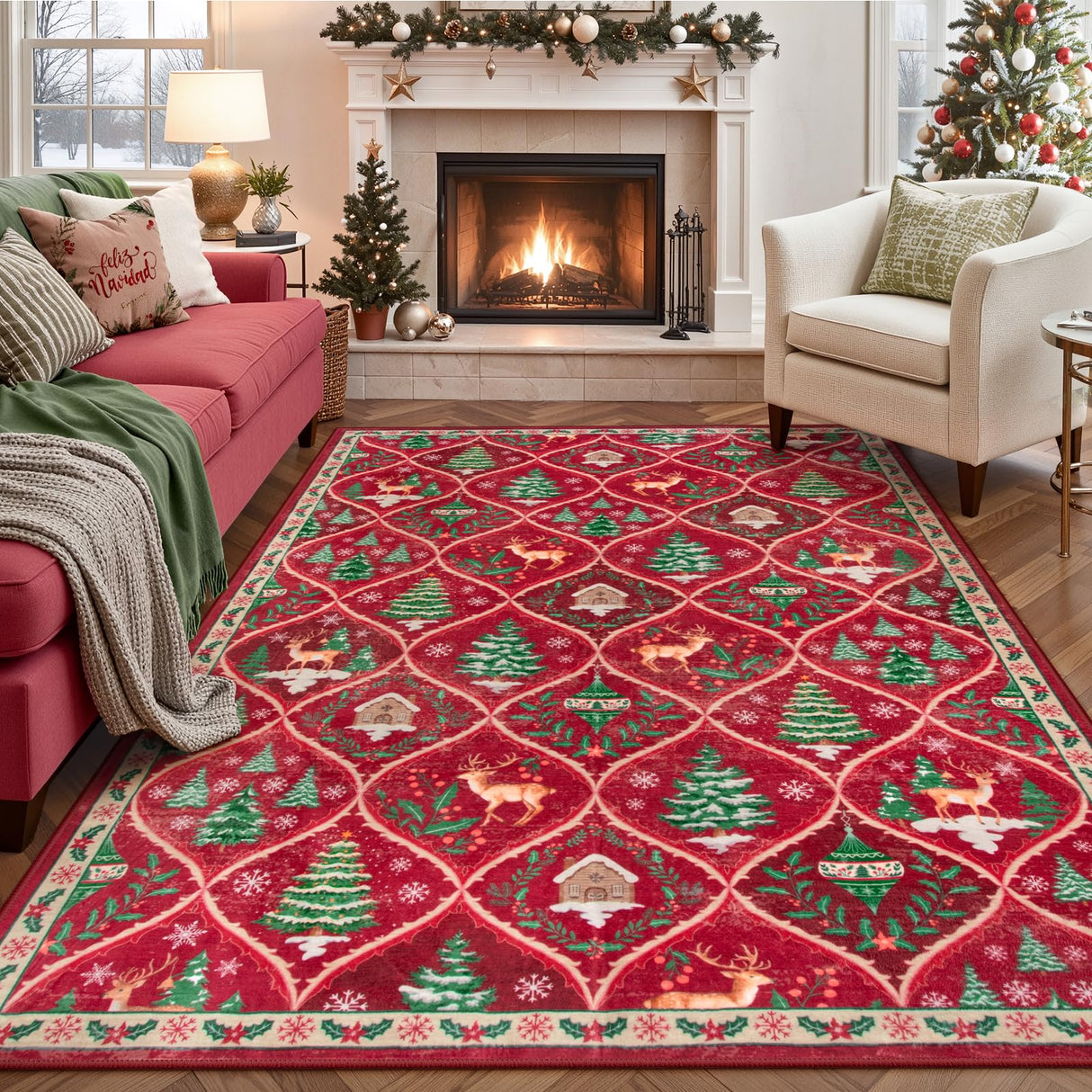 Lahome Christmas Living Room Rug, 5x7 Print Christmas Reindeer Rugs for Bedroom Aesthetic Large Washable Carpet, Soft Xmas Tree Stain Resistance Dining Room Carpets for Under Table (Red) Lahome