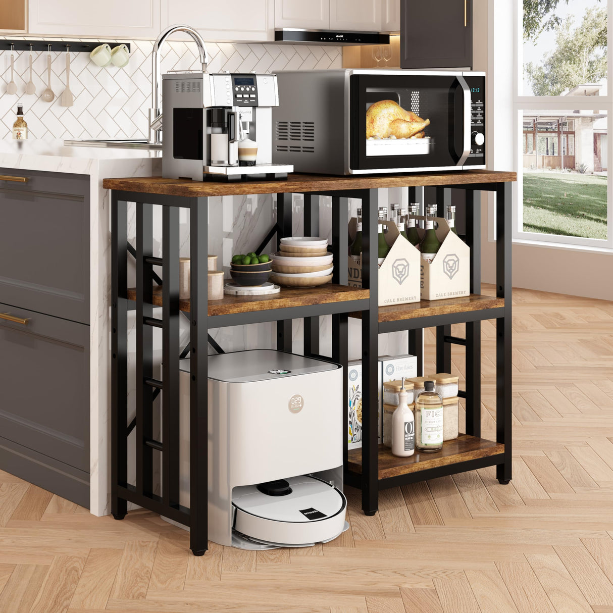 4-Tier Bakers Rack for Kitchens with Storage, Mini Fridge Stand, Microwave Oven Stand Table, Bar Cabinet, Aquarium Stands, Adjustable Shelves Freestadning for Kitchen, Living Room, Office, Patio. Yaruifnt