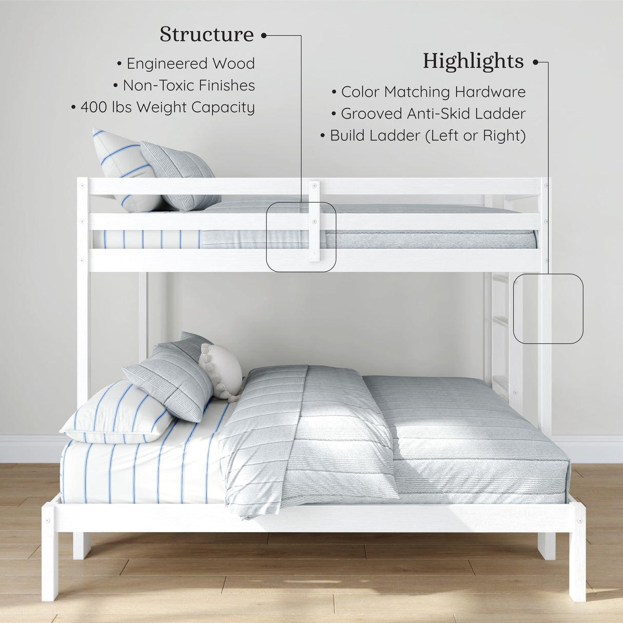 Grain & Grove Bear Twin Over Full Bunk Bed, Sturdy Bunk Bed Frame for Kids, Plywood Bunk with Ladder, Guardrail, and Slats, No Box Spring Required, Brushed White Grain & Grove