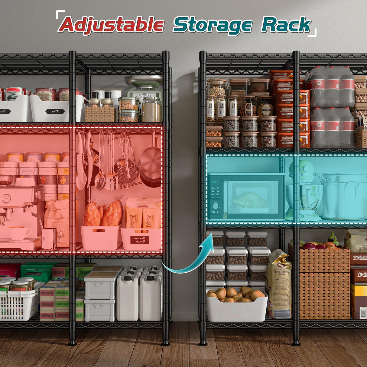 REIBII 78.4''W Storage Shelves Wire Shelving Unit Load 1500LBS,4 Tier Metal Shelving with Adjustable Metal Shelf Wire Rack for Pantry Shelves Commercial Shelving Kitchen Garage 78.4''Wx11.8''Dx59''H REIBII