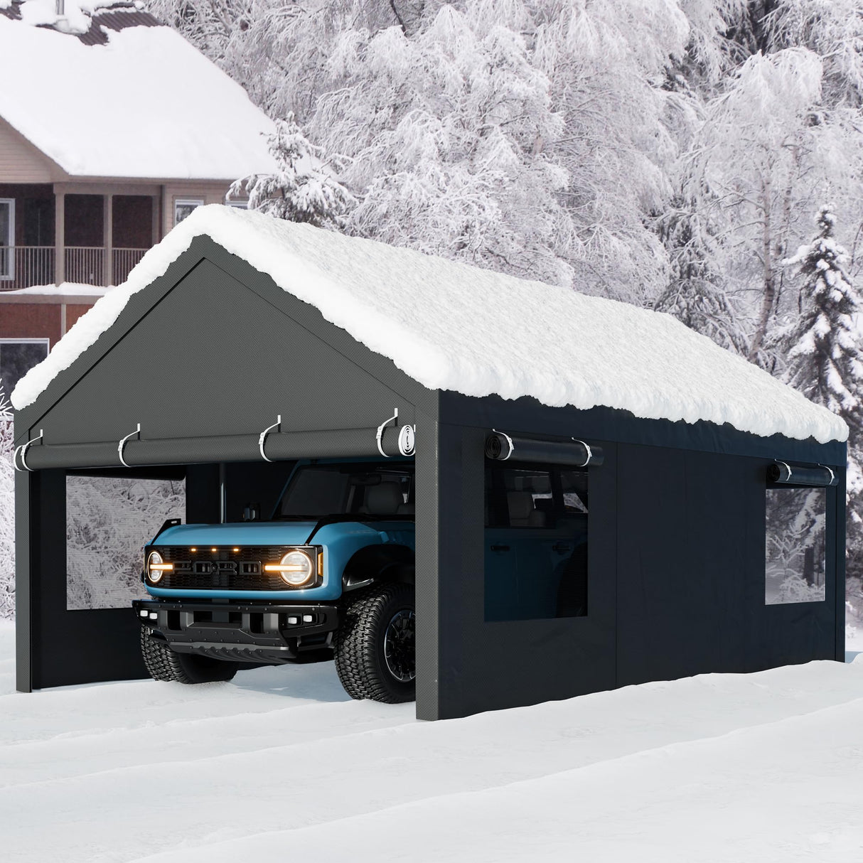 Walsunny Carport, 12x20 ft Heavy Duty Carport Canopy with Roll-up Windows, Portable Garage with Removable Sidewalls & Doors, Car Canopy with All-Season Tarp for Car, Truck, Boat Walsunny