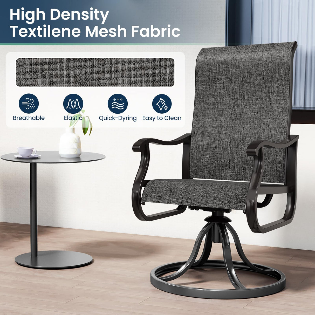 Amopatio 5 Pcs Patio Swivel Chairs and 44" Glass Top Propane Gas Fire Pit Table, All Weather Breathable Outdoor Furniture Set for Backyard Deck Lawn Garden, Dark Grey Amopatio