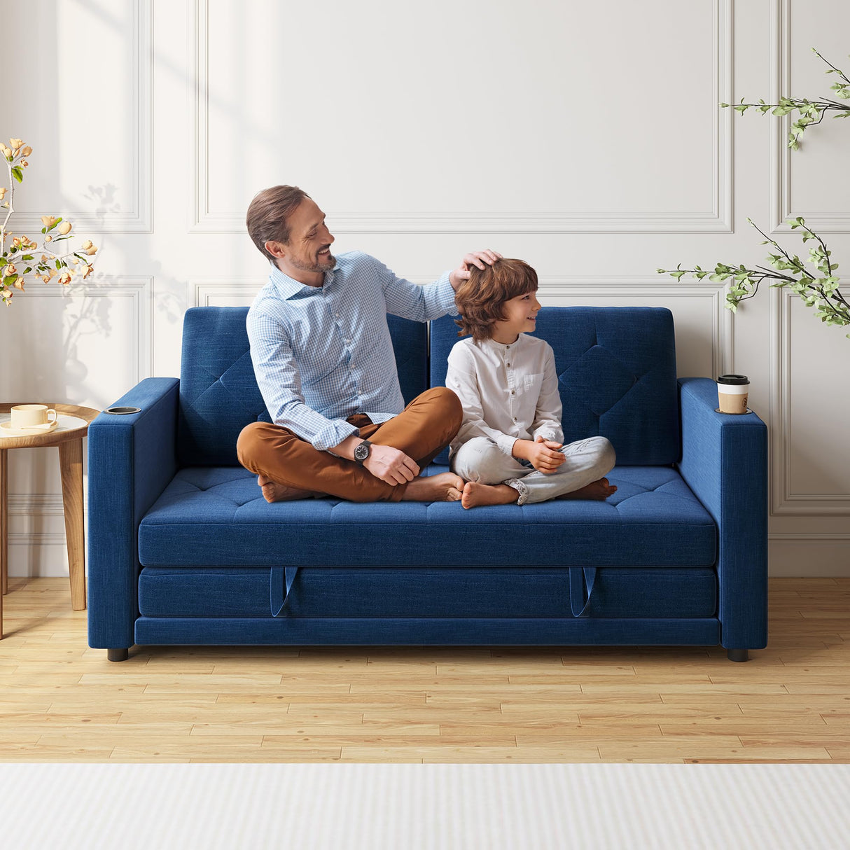 Lvifur 3-in-1 Loveseat Sleeper Sofa, Pull Out Sleeper Couch Full Size, Foldable Futon Sofa Bed for Small Space, Convertible Floor Couch with Side Pockets for Living Room (Blue) Lvifur