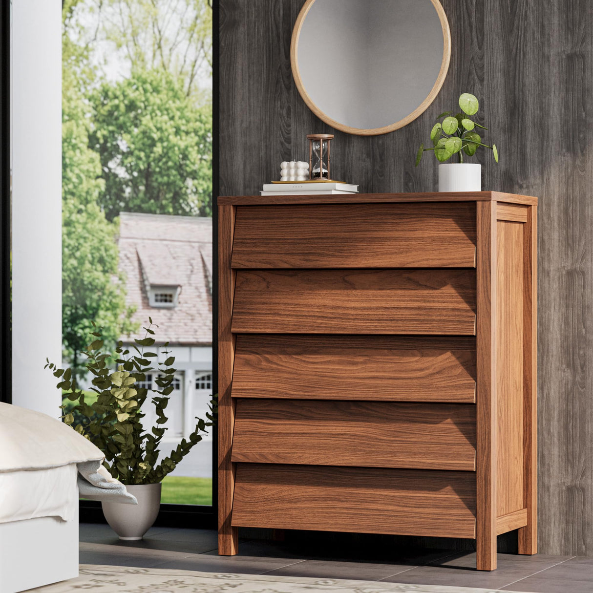 IRONCK 5 Drawer Dresser for Bedroom, Modern Chest of Drawers with Handleless Design, Wooden Tall Dresser Storage Cabinet Bedroom Furniture for Living Room, Hallway, Closet, Walnut IRONCK