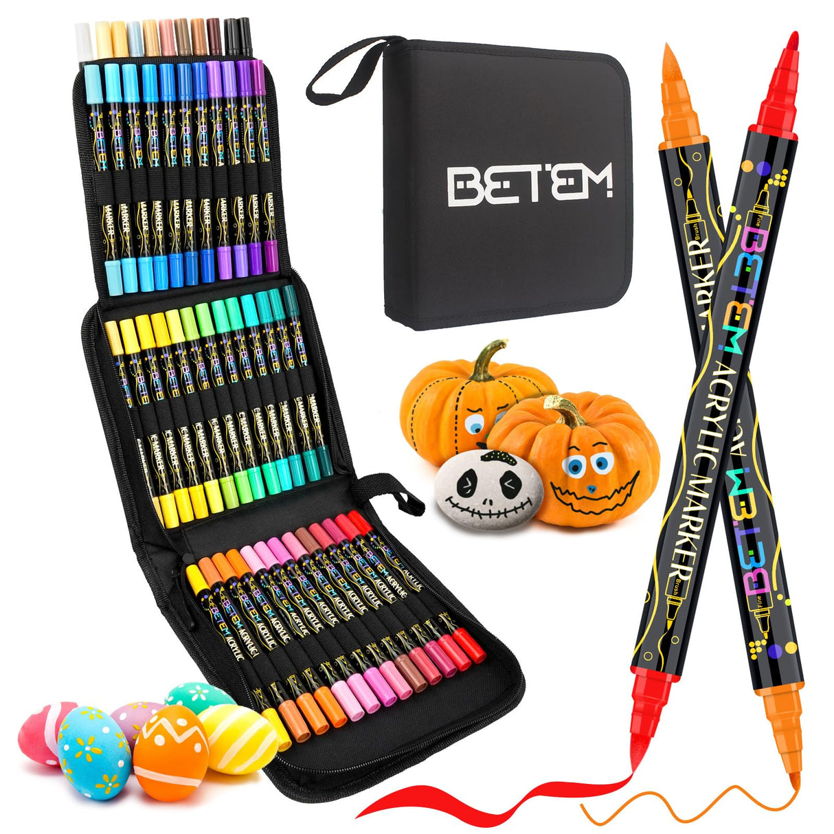 Betem 48 Colors Paint Markers Acrylic Paint Pens, Dual Tip with Brush Tip and Fine Tip, Art Supplies for Rock Painting, Wood, Canvas, Stone, Glass, Ceramic, DIY Crafts Making Drawing Kit with Bag Betem