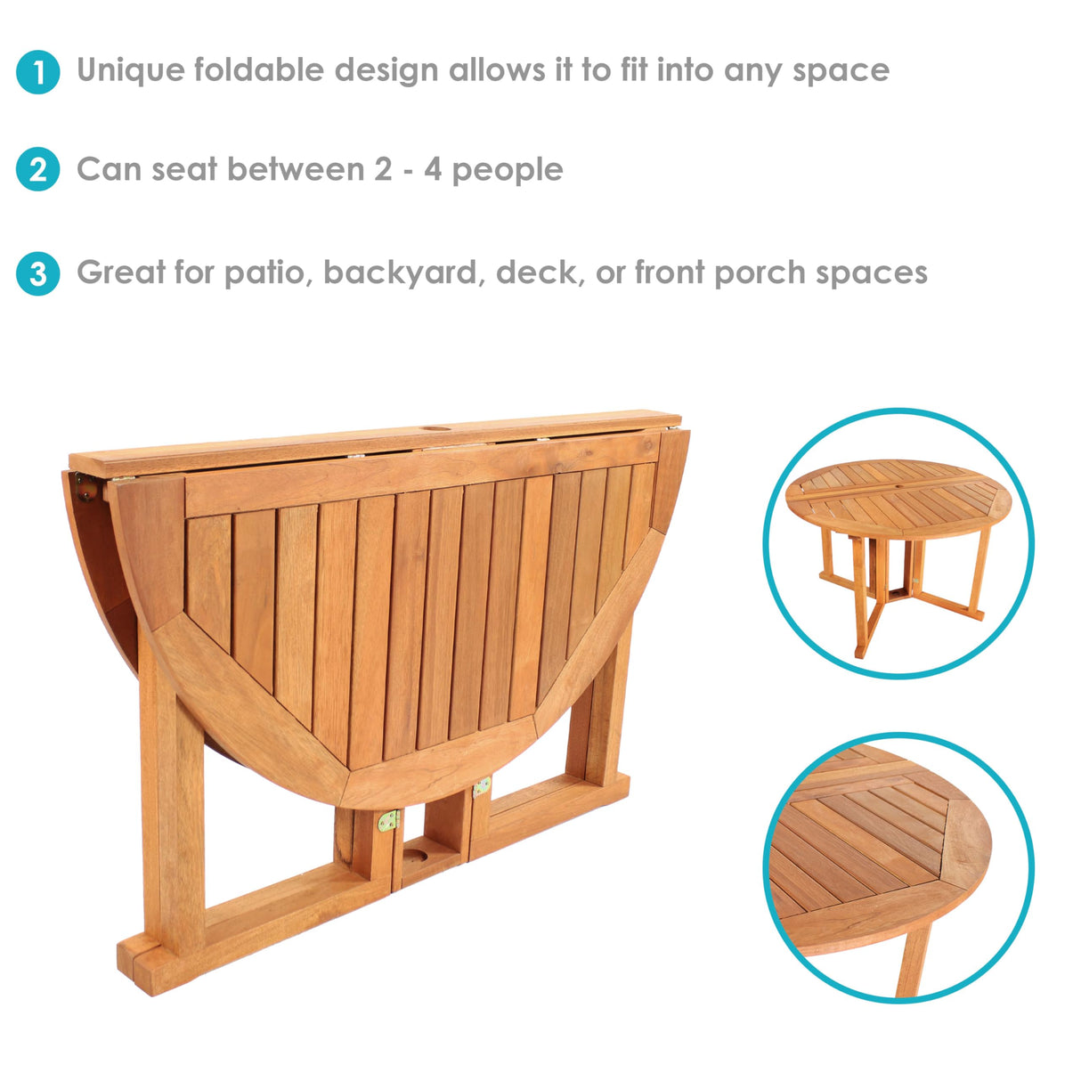 Sunnydaze Malaysian Hardwood Folding Gateleg Patio Dining Table with Teak Oil Finish – 4-Person Space-Saving Round Outdoor Table - 47.25” D x 29" H Sunnydaze