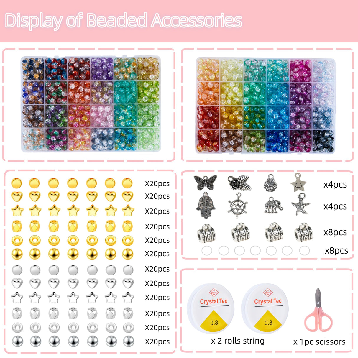 1300PCS 8mm Mixed Crackle Glass Beads for Bracelets Making with Accessories, 48 Colors Crystal Glass Beads Jewelry Making Kit, Round Beads for DIY Bracelet Crafts REVKI
