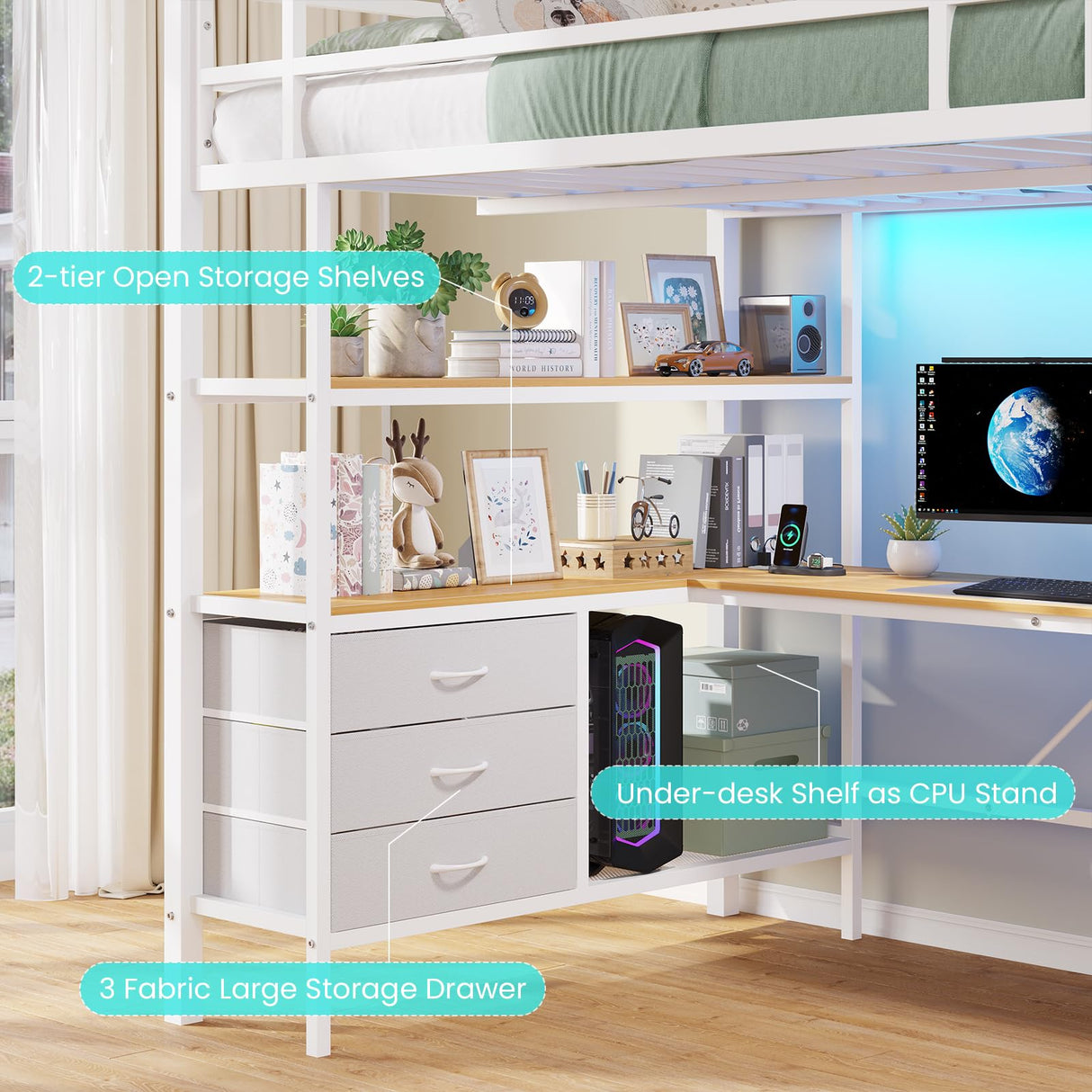 DICTAC Full Size Loft Bed with L-Shaped Desk, LED Lights and Charging Station Full Metal Loft Bed Frame with 3 Storage Shelves & 3 Fabric Drawers,Loft Beds with Top Bunk -Safety Guard & Ladder,White DICTAC