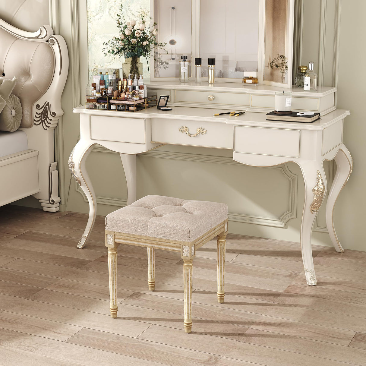 Yusong Vanity Stool Upholstered Bench Seat for Makeup Room, Vintage Small Bedroom Bench Dining Bench with Tufted Fabric for Living Room, Piano Stool with Rustic Wood, Easy Assemble,Beige Yusong