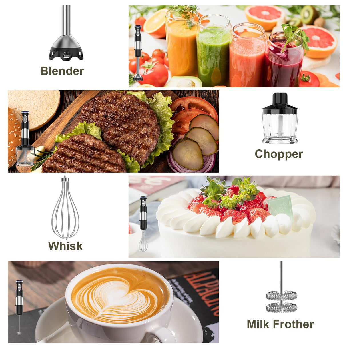 Immersion Blender 5 in 1 Handheld Blender - 1100W Scratch Resistant Blender Stick, 12 Speed and Turbo Boost Hand Blender with Chopper,Beaker,Whisk and Milk Frother for Milkshake Puree Smoothie Food CEUKOZ