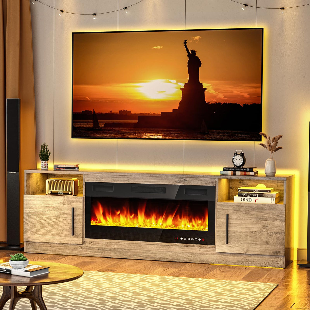 BOSSIN Fireplace TV Stand with 36" Electric Fireplace, LED Light Entertainment Center with Storage Cabinet for TVs up to 80 inch, Media TV Console with Modern Wood Texture,70 inch Gray BOSSIN