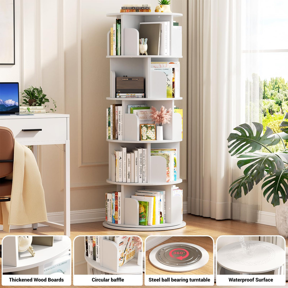 Aheaplus 360° Rotating 5-Tier White Bookshelf Tower Aheaplus