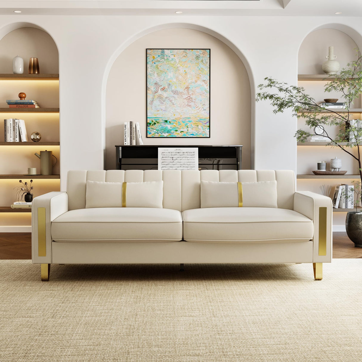 DOOSOODAA 2-Piece Loveseat Couch Set for Living Room, 86" Beige Velvet Sofa Couch with 4 Pillows & Gold Metal Legs, Modern Upholstered Sofa Set Love Seat Sectional Couches for Apartment Home Office DOOSOODAA