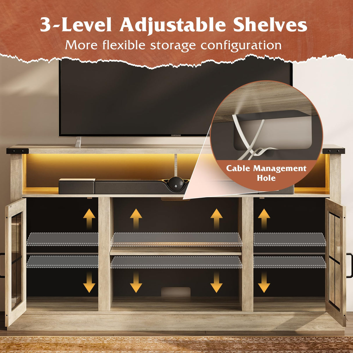 WLIVE Farmhouse TV Stand for 65 Inch TV, Tall Entertainment Center with LED Lights, Mid Century Modern TV Console wirh Open Shelves and Glass Cabinet Doors for Living Room and Bedroom, Gray Oak WLIVE