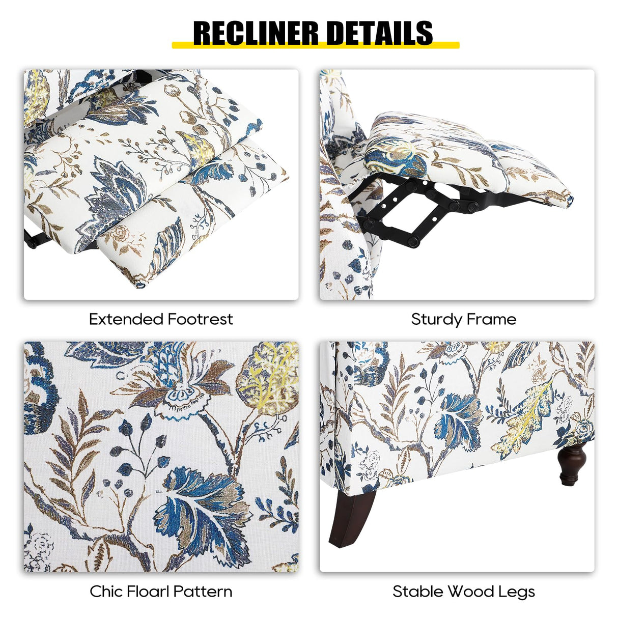 Consofa Upholstered Wingback Recliner Chair - Traditional Push Back Recliner Chair with Padded Seat, Fabric Floral Recliner Wingback Chair, Mid Century Modern Armchair for Living Room Consofa