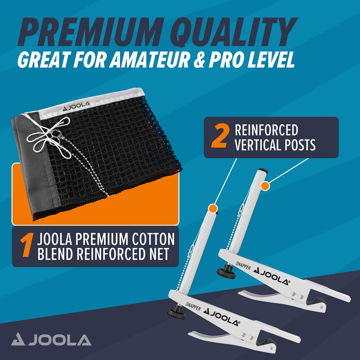 JOOLA Snapper Professional Table Tennis Net and Post Set - Portable and Easy Setup 72" Regulation Size Ping Pong Spring Activated Clamp Net, Silver JOOLA
