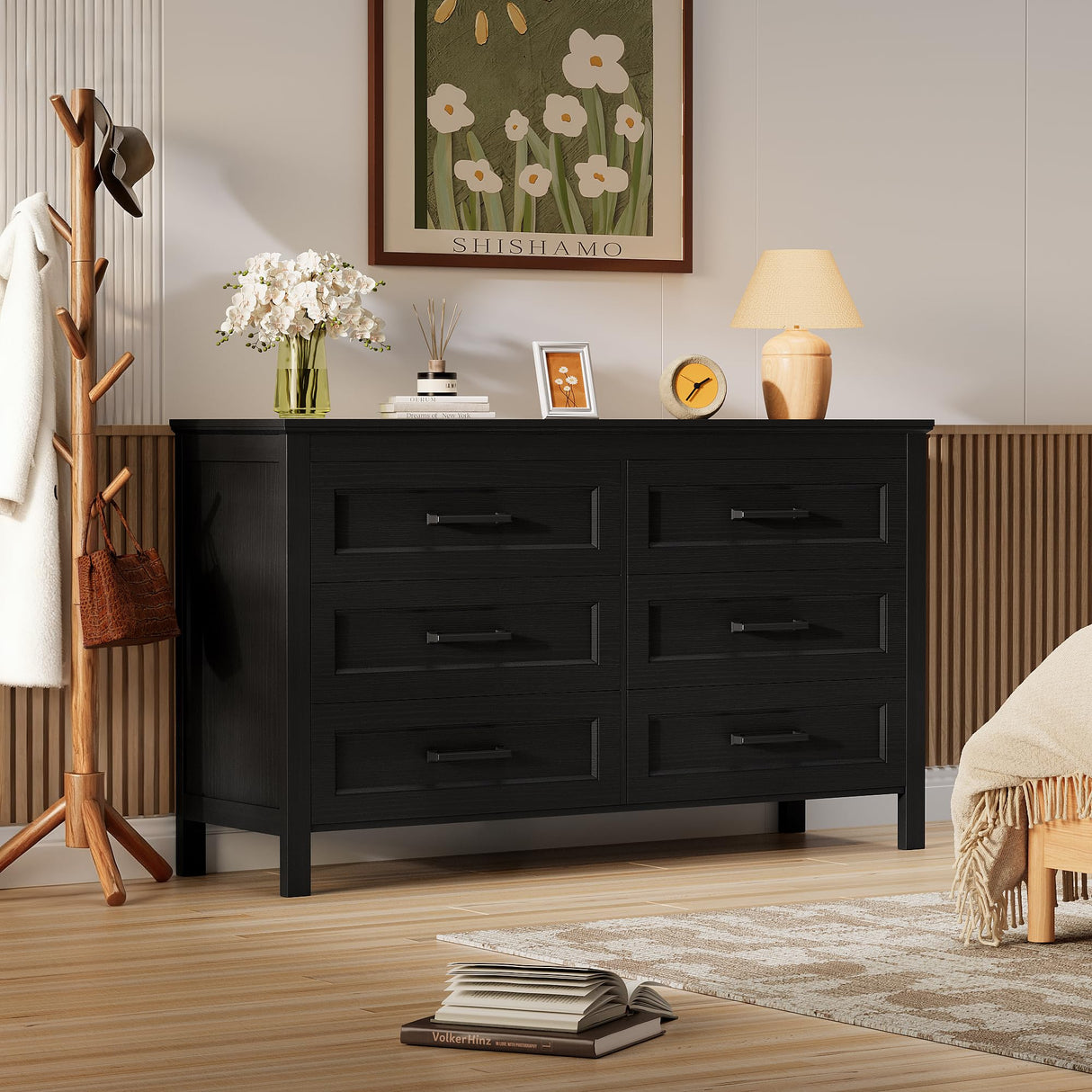 YESHOMY Black Dresser for Bedroom, Wooden 6 Drawer Dresser, Closet Storage Organizer Chest of Drawers for Living Room, Hallway, Closet