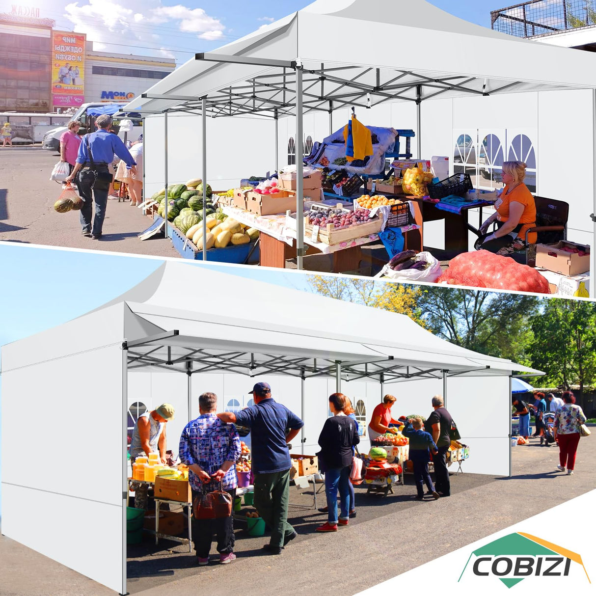 COBIZI 10x30 Pop Up Canopy Tent with Awning,Heavy Duty Canopy UPF 50+ All Season Wind Waterproof Commercial Outdoor Street Vendors Party Tents for Parties Canopy with Roller Bag(10 x 30 ft White) COBIZI