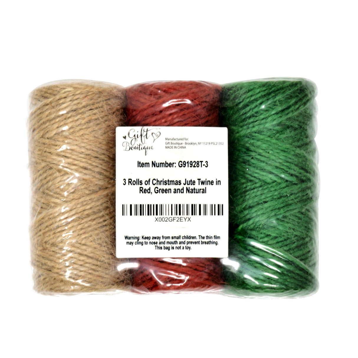 Gift Boutique Christmas Baker's Jute Twine, 3 Rolls of Red, Green and Natural Holiday Decorative String for Arts 'n' Crafts, Packing, Wrapping and Party Supplies, 450 Feet Gift Boutique