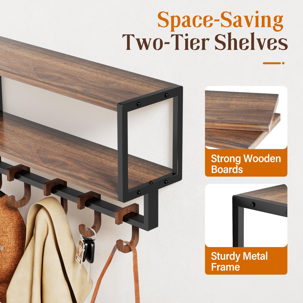 Orapoke Wall Shelf with Hooks, 2 Tier Coat Rack Wall Mount with Shelf for Entryway Farmhouse Living Room, 5 Wooden Decorative Wall Hooks for Hanging Coat Jackets Hats Towel Key (16.5") Orapoke