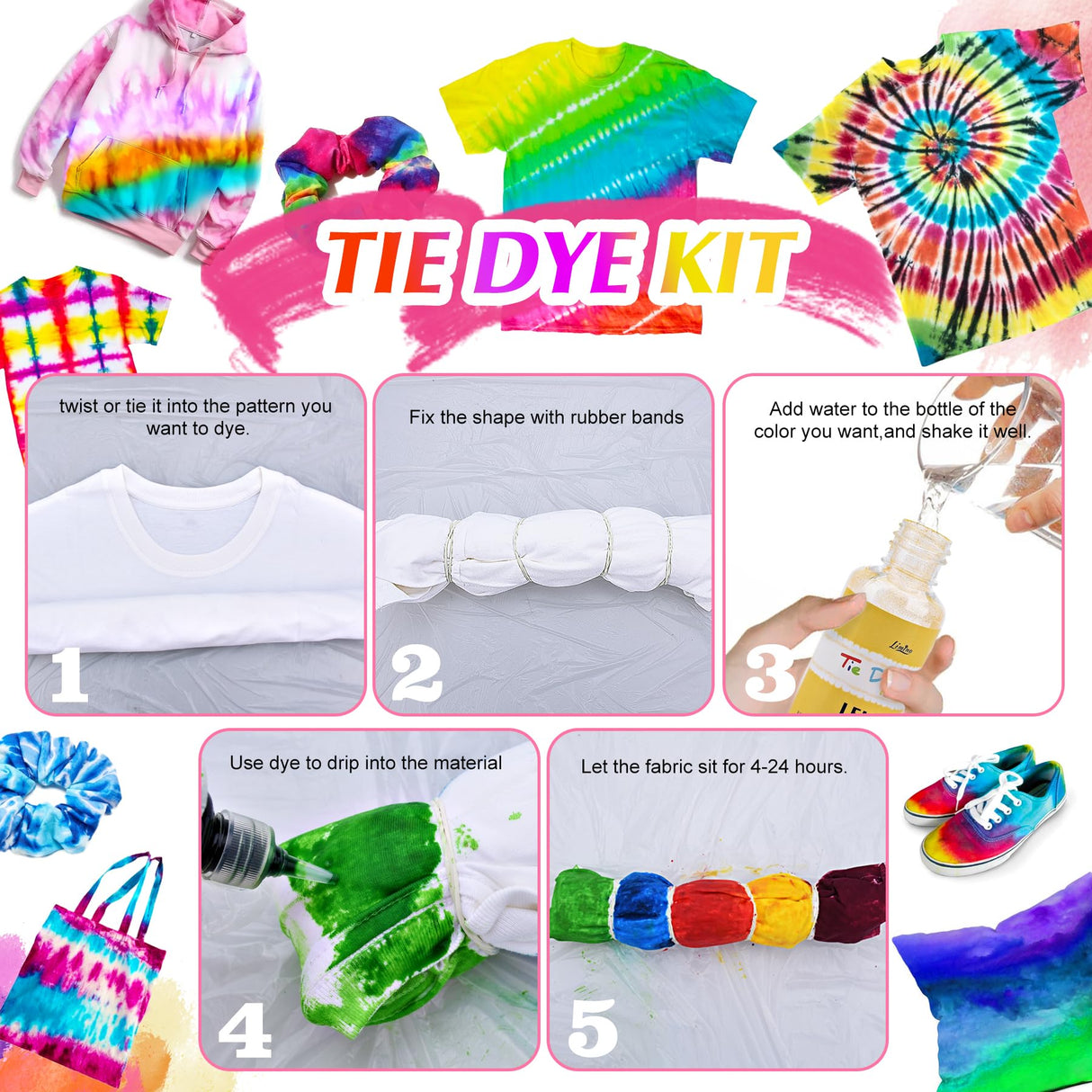Tie Dye Kit - 40 Colors Permanent Fabric Dye with Rubber Bands, Gloves, Table Cover, Apron for Kids and Adults Tie-Dye Art - All-in-1 Textile Paint Dye for DIY Shirt, Hoodie Clothing Painting Limino