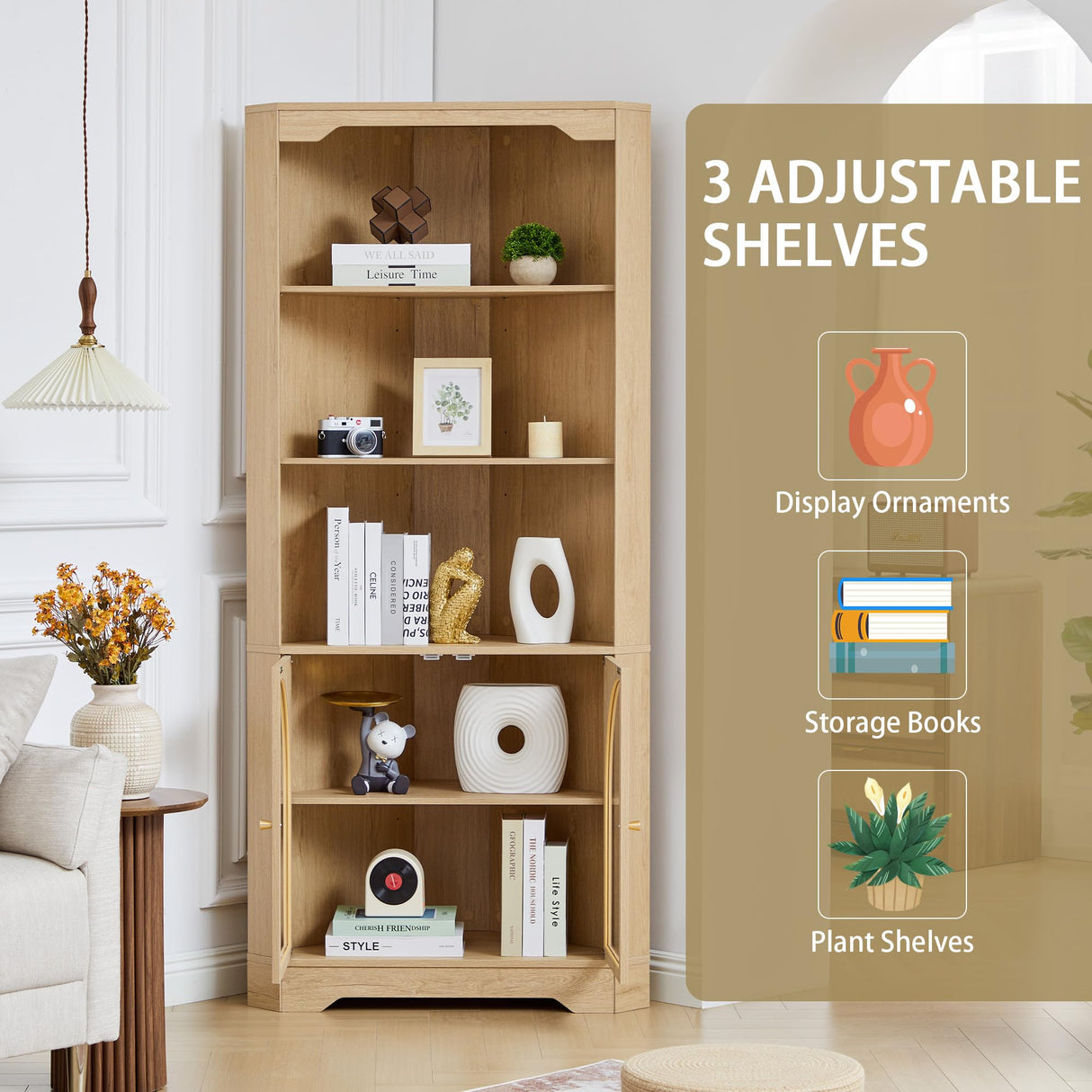 SUJOUCRAFT 70" H Tall Coner Storage Cabinet, Farmhouse Narrow Wood Coner Cabinet with Door & Adjustable Shelves, Home Pantry Hutch for Kitchen, Dining Living Room, Bathroom, Antique Dispaly (Natural) SUJOUCRAFT