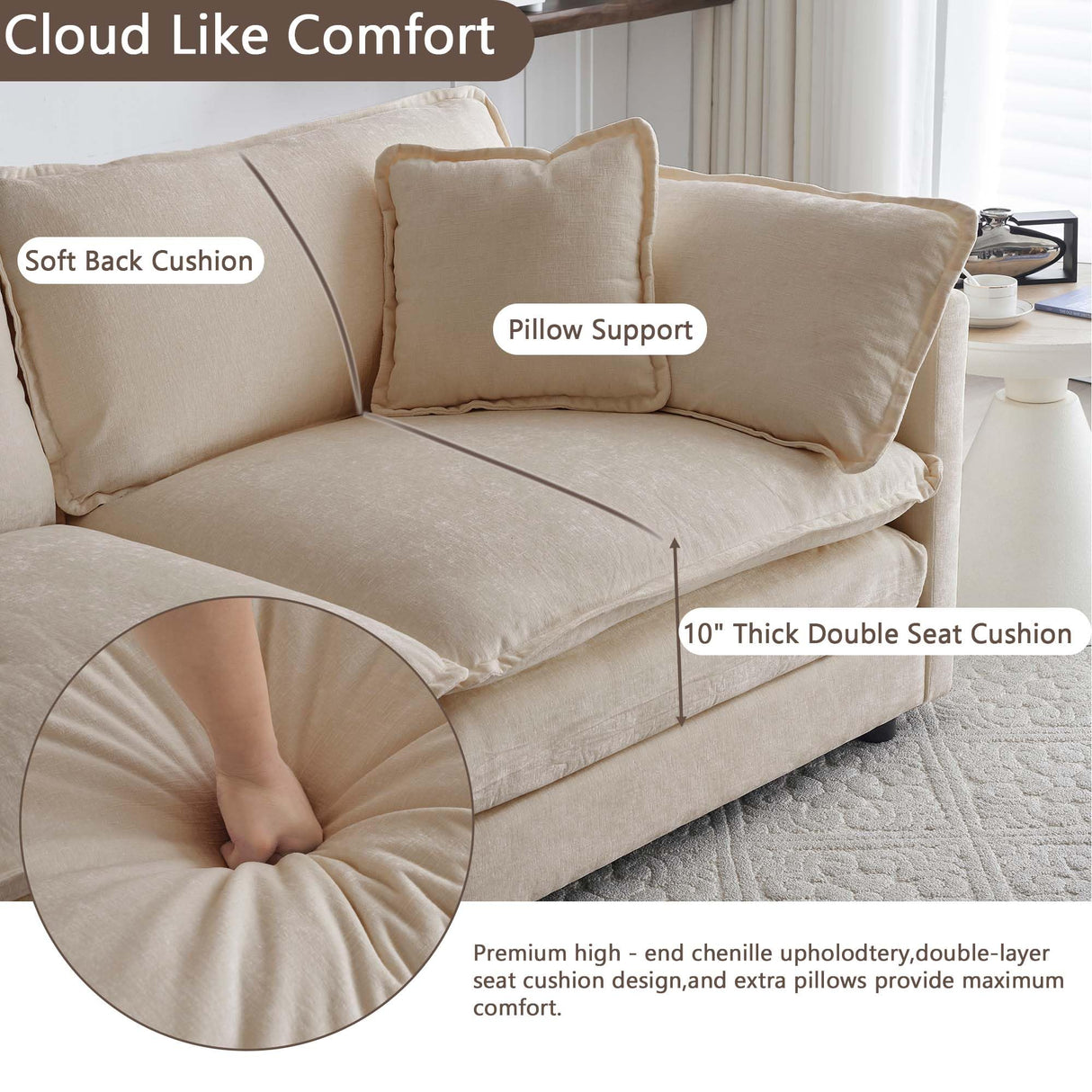 Modular Sectional Sofa, 111.53" L Shaped Chenille Comfy Sectional Couches for Living Room, 3-Seater Cloud Couches with Movable Ottomans, Flexible Combination Modern Deep Seat Sofa (Light Coffee) Ravy Concept