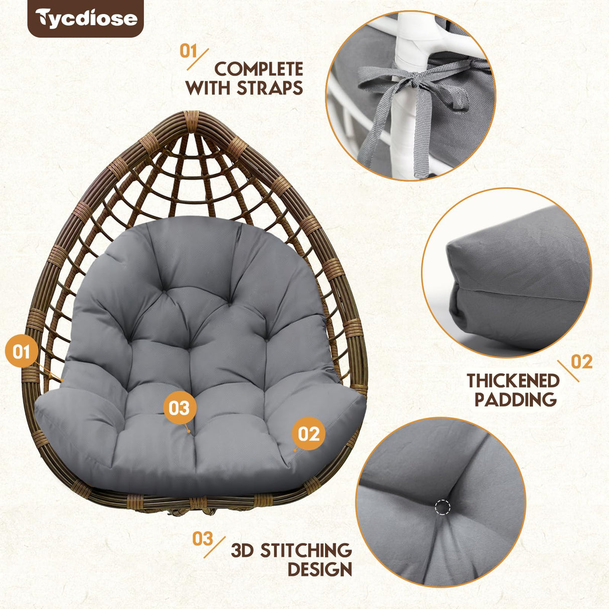 Tycdiose Egg Chair Cushion Replacement, Waterproof Outdoor Hanging Egg Swing Chair Cushions Pads, U-Shaped Thickened Cushions for Hanging Eggs Chair with Ties, 47x33x7 Inches (Grey) Tycdiose