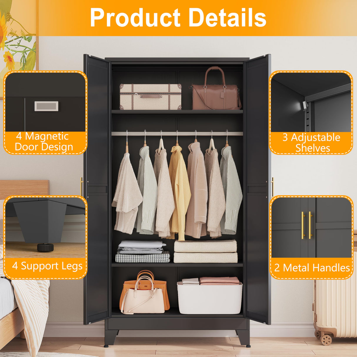 71" H Metal Armoire Wardrobe Closet, Adjustable Shelve, Clothes Drying Pole, Steel Wardrobe Cabinet for Bedroom (Black) Ckzbx