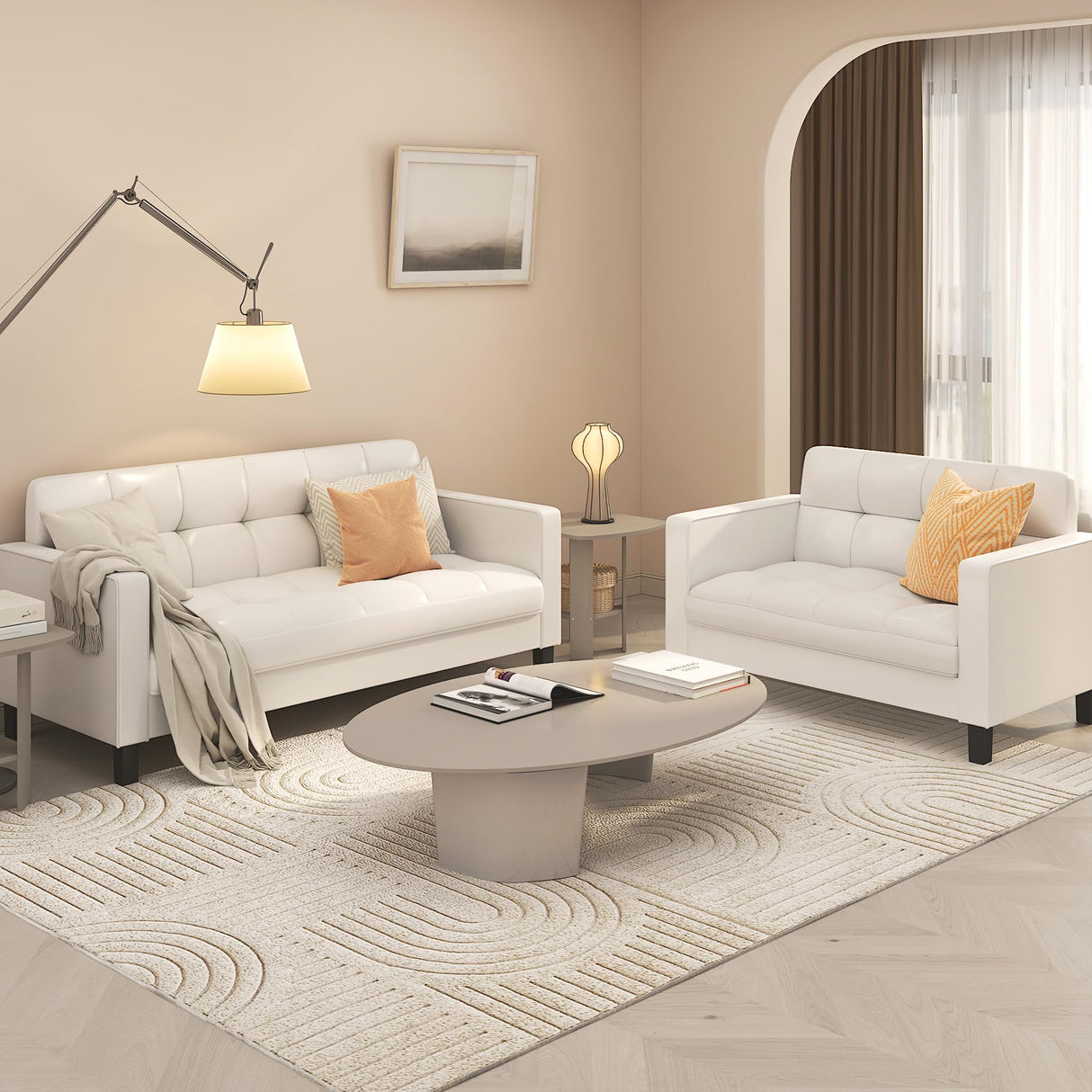 Furinno BRIVE Loveseat Sofa, Tufted Leather Upholstered 3-Seater 75" Wide Couch, Wood Frame, Easy Assembly, for Living Room, Bedroom, Plain White Leather Furinno