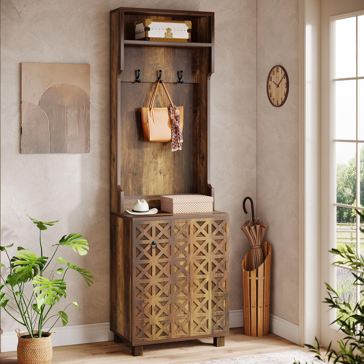 Tribesigns 3-in-1 Entryway Hall Tree with Storage, Farmhouse Hall Tree with Coat Rack, Top Storage and Shoe Cabinet for Entryway, Hallway, Bedroom, Rustic Brown Tribesigns